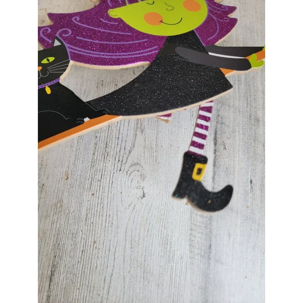 Glitter witch broom set cat AS IS Halloween sign hanging decor‎